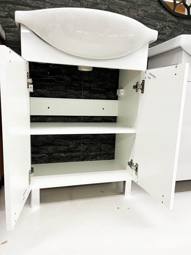 Bathroom cabinet with a washbasin on legs 85x60, standing, white Lily, with an elongated chrome tap
