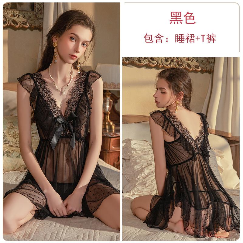 Women's Plus Size Sheer Mesh Bow Backless Sleep Dress with Robe Lingerie Set