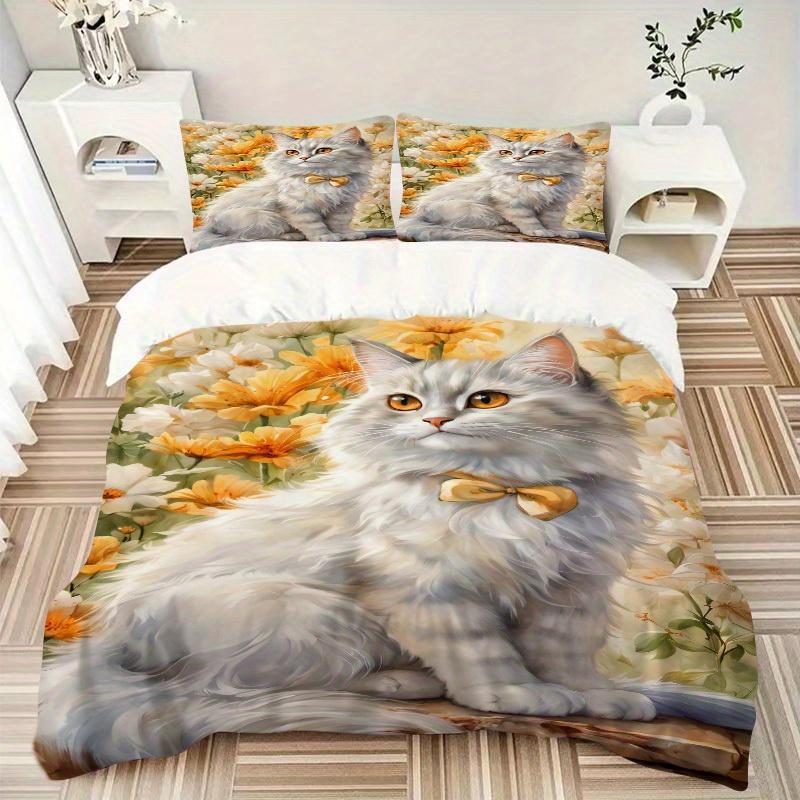 

3pcs Cat, Floral Bedding Set Soft Polyester Down Comforter Cover and Pillowcases,Home Decoration All Seasons(No Insert) S0819106 135x200cm