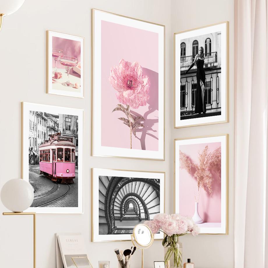 Wall Art Canvas Painting Pink Vintage Motorcycle Car Flower Black White Build Living Room Decor Posters And Prints Wall Pictures