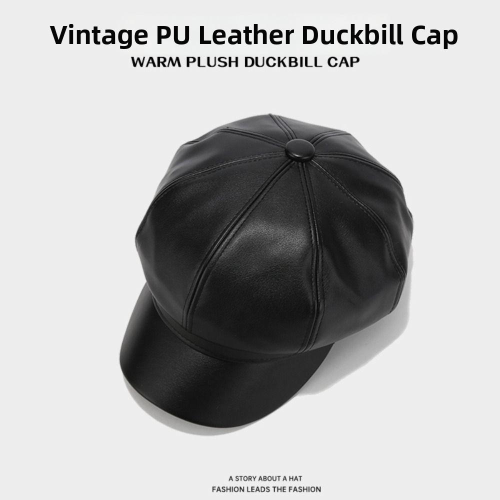Solid Color Newsboy Cap PU Leather Peaked Cap Creative Gift Retro Newsboy Hat Winter Wear