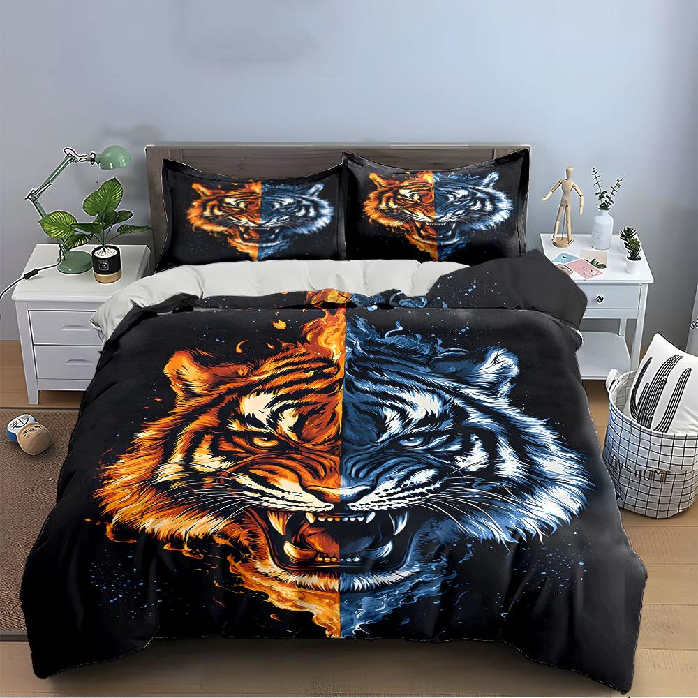 Fire and Ice Tiger Design Bedding Duvet Cover Set (1*Duvet Cover 2*Pillowcases, without duvet insert)