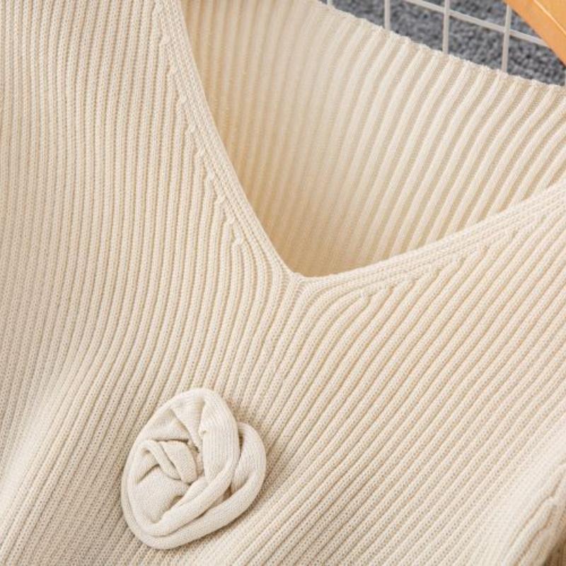 Autumn Winter Women Elegant V-neck 3D Flower Knitted Sweater Long Midi A-line Dresses