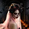Halloween Horror Makeup Props Gothic Flower Headband with Veil Spooky Black Rose Dead Branch Skull Headpiece Dark Aesthetic Cosplay Jewelry