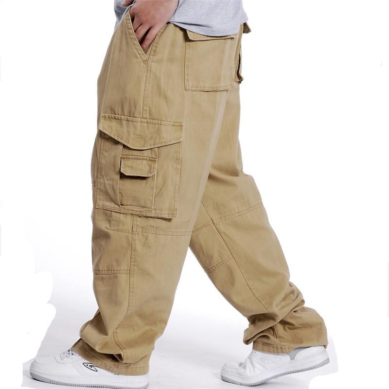 Spring and Autumn Men's Multi-pocket Pants Casual Overalls Large Size Wide-leg Elastic Waist Loose Long Pants