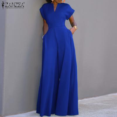 Women Elegant Long Jumpsuit Wide Leg Casual Short Sleeve Pants