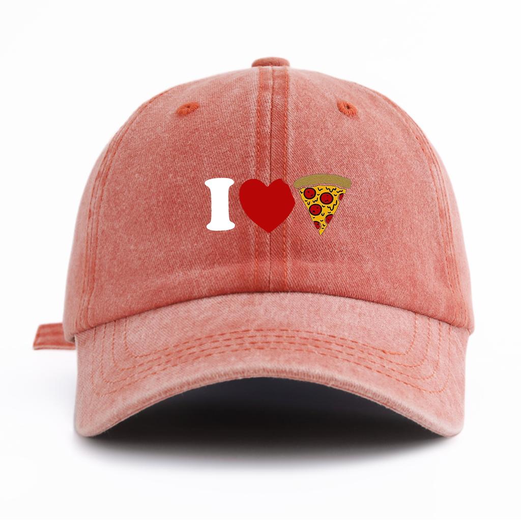 1pc I Love Pizza Print Washed Baseball Cap for Adults, Minimalist Retro Style Casual Soft Adjustable Dad Hat, Perfect As Gift