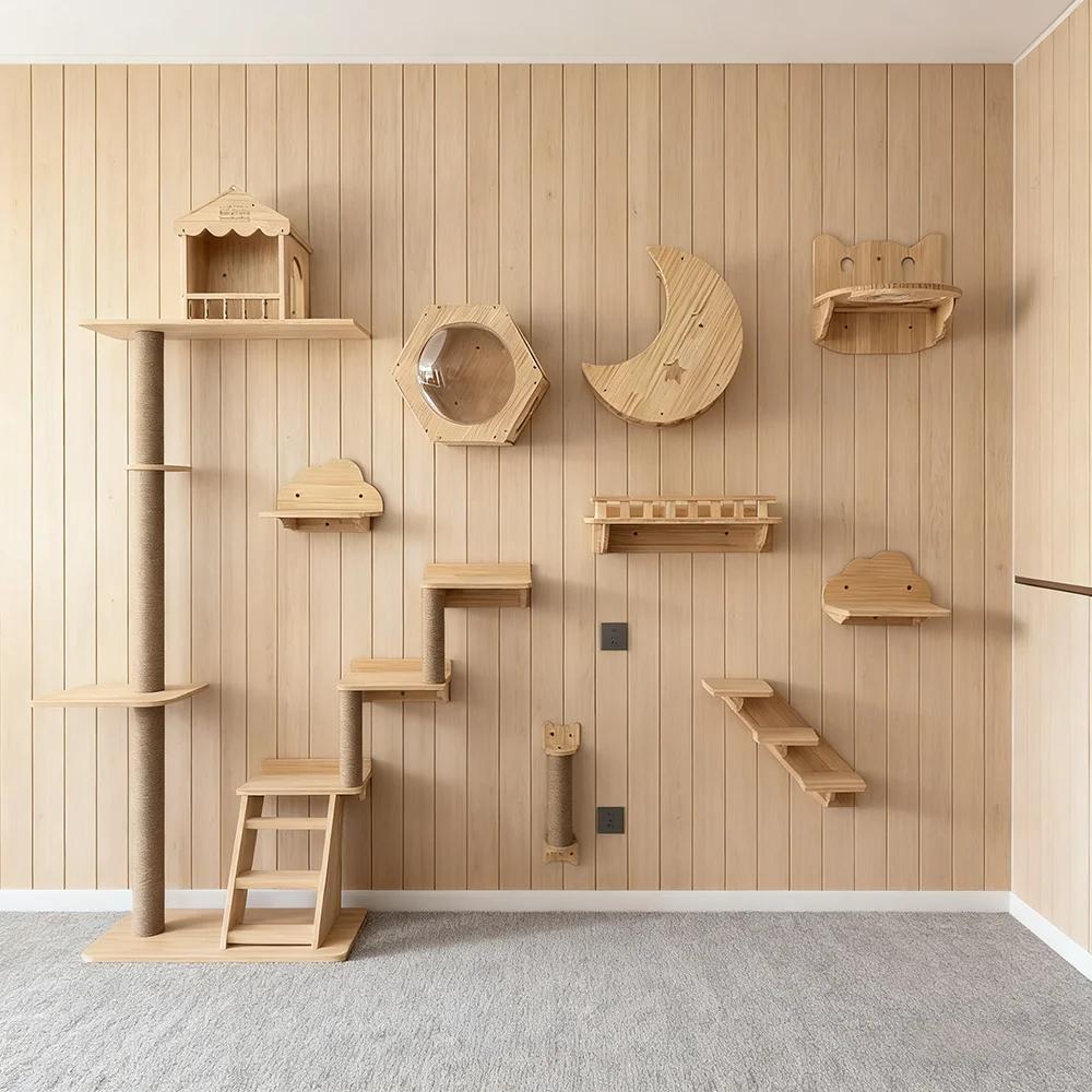 Cat Sky Park Wall-mounted Cat Tree Cat Jumping Platform Includes Sisal Scratching Board Suspension Bridge Soft Bed with Step