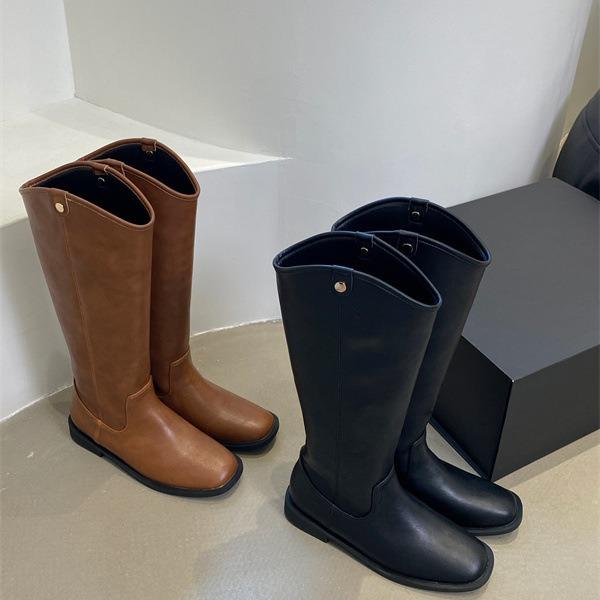 2025 Autumn and Winter New Korean Leather Boots Knight Boots Retro British Style Niche Versatile Gold Buckle Boots Tall