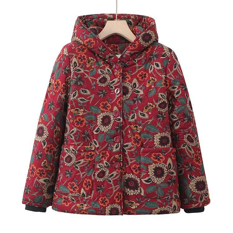 

Grandma s Winter Hooded Velvet-Lined Cotton Jacket for Elderly Women 5XL (for 145-160 lbs) красный