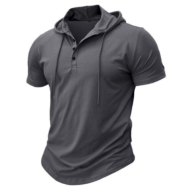 2024 Cross-Border Men's Short-Sleeve Henley Hoodie T-Shirt - European & American Style Fitness Top