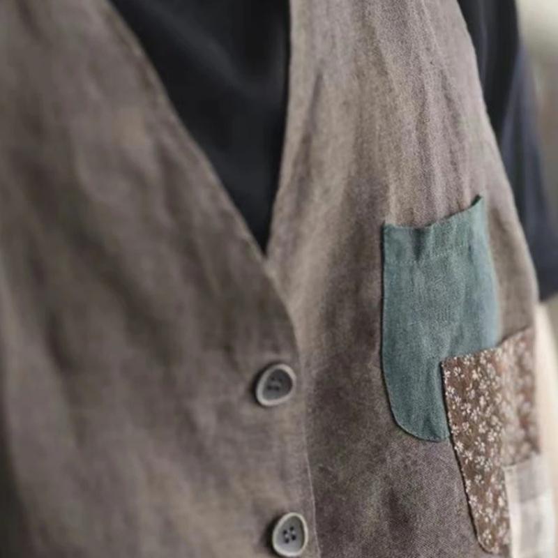 Vests Women Patchwork Pockets Vintage Retro Breathable Casual Chic Design Elegant Fashion Korean Style Street Wear Ins New Cozy