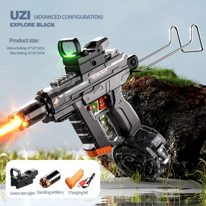 Uzi Electric Water Gun With Realistic Muzzle Flame, High Pressure Squirt Gun For Summer Pool Water Fighting Toys For Adults