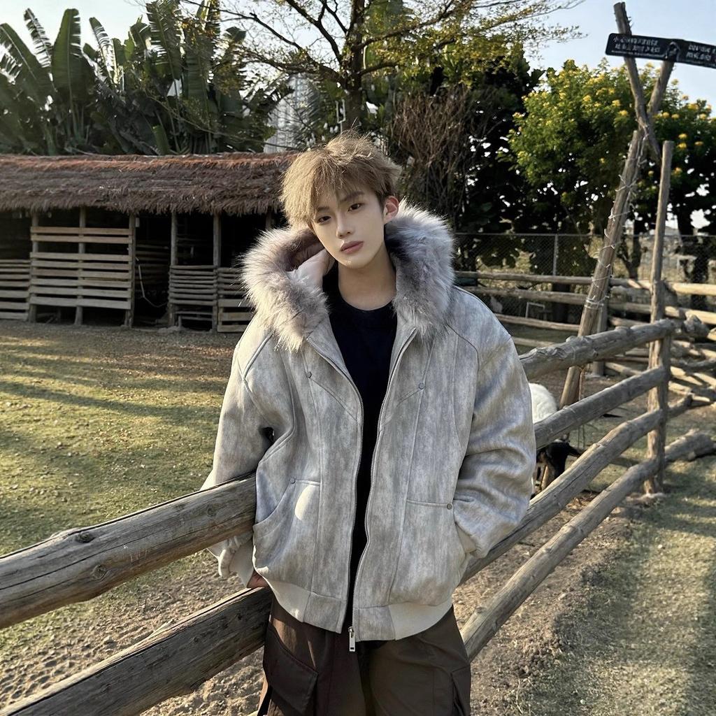 Hooded Fur Collar Padded Cotton Thickened Autumn and Winter Warm Cotton Clothes Men's and Women's Jackets