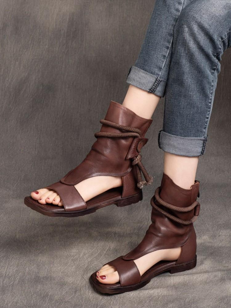 Summer New Casual Ladies Open Toe Platform Genuine Leather High Top Rome Sandals Solid Color Cowhide Female Comfortable Footwear