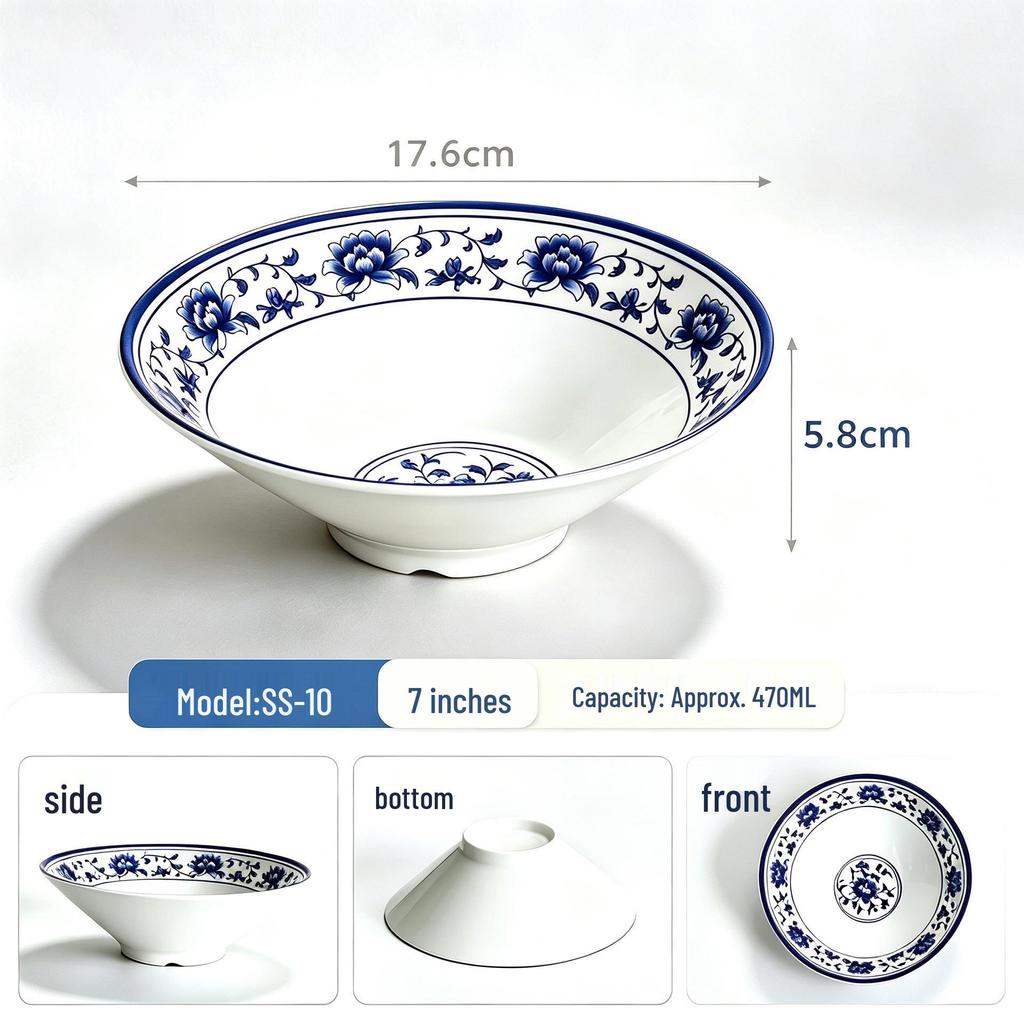 Blue and White Melamine Porcelain Bowl - Retro Restaurant Style for Noodles, Soup, or Ramen