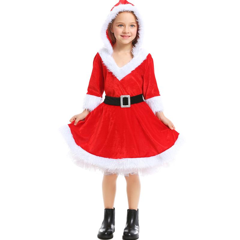 Kids Girls Santa Claus Xmas Red Hooded Velvet Dress Children Christmas New Year Cosplay Costumes Kindergarten Performance Role Play Outfit