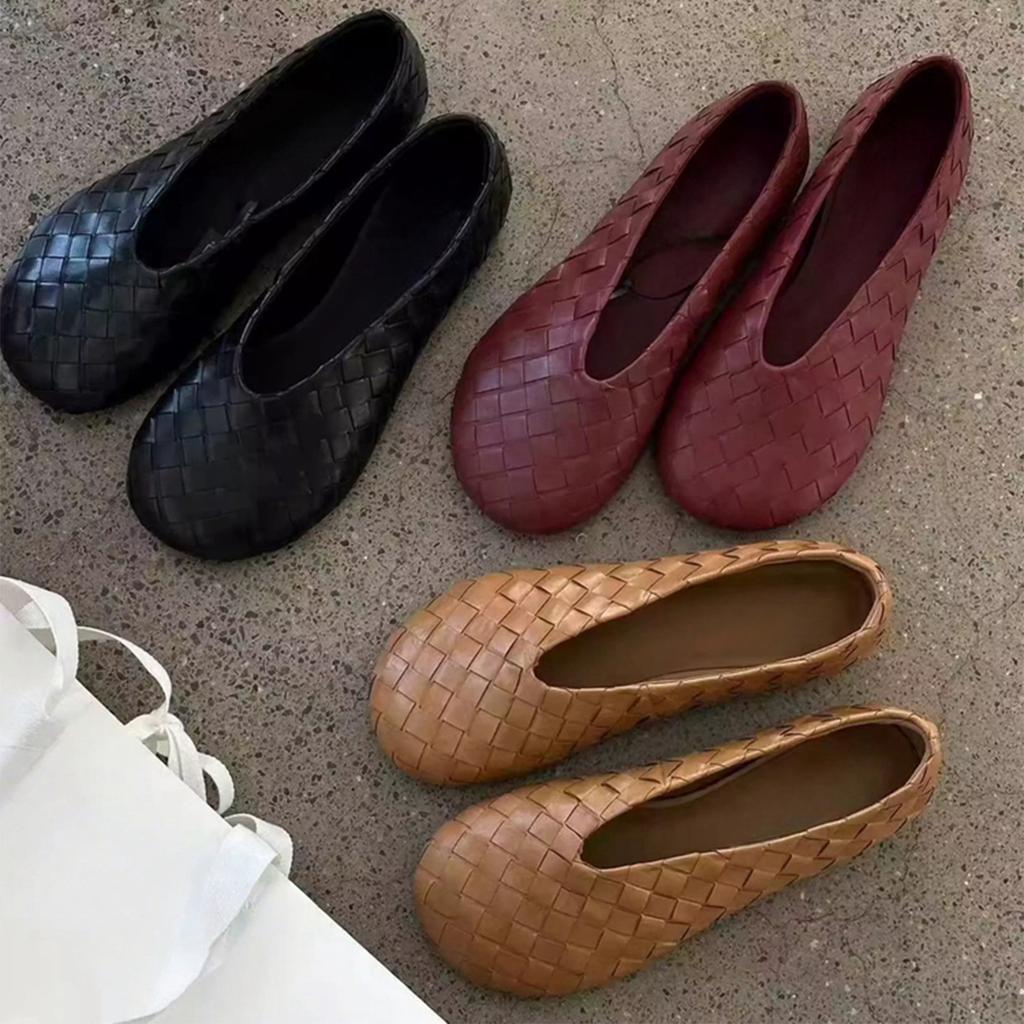 Cowhide version~ Retro leather flat-soled woven single shoes for women's commuting comfort, shallow mouth soft-soled Mary Jane ballet shoes