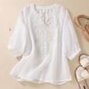 Mid-aged Female Women Top Women V-neck Shirt Elegant Floral Embroidered V-neck Blouse for Women Three Quarter Sleeve
