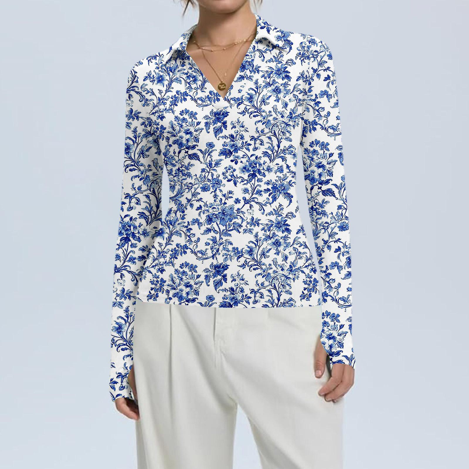 

Женская Мода Повседневный Принт V-образный Вырез Длинный Рукав Застежка на Пуговицы Топ M