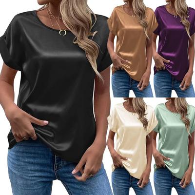 Womens Satin Silk Short Sleeve T Shirt Tops Ladies Casual Baggy Solid Tunic Tee