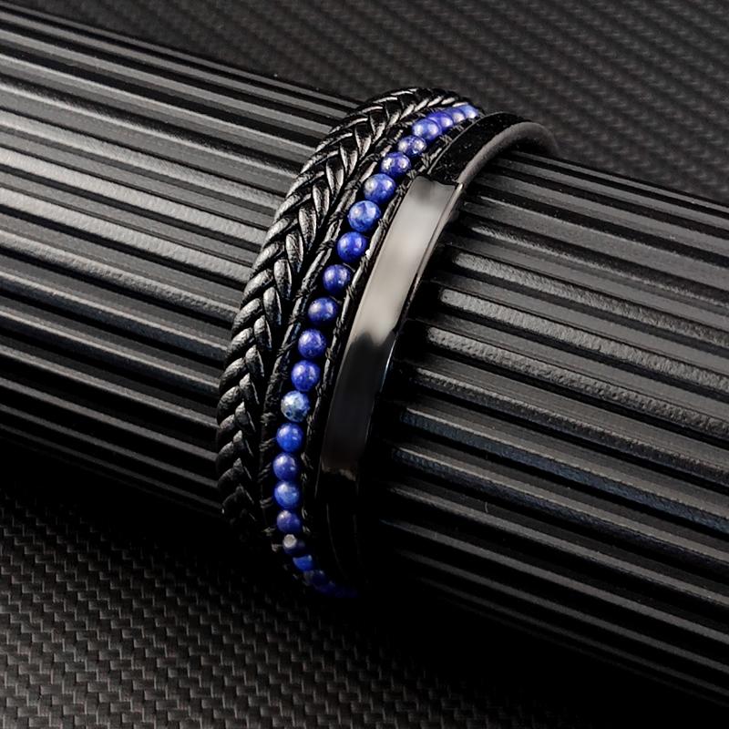 MingAo Punk Stainless Steel Beaded Custom Name Men Charm Bracelet Multi-layer Bangle Leather braid Magnet Clasp bracelet Jewelry