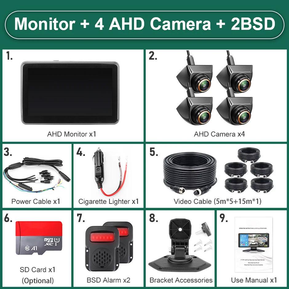 7 Inch Touch Screen 4 Channels Split Screen BSD Radar Alarm Car DVR Recorder Parking Monitor With 4PCS 1080P AHD Backup Camera