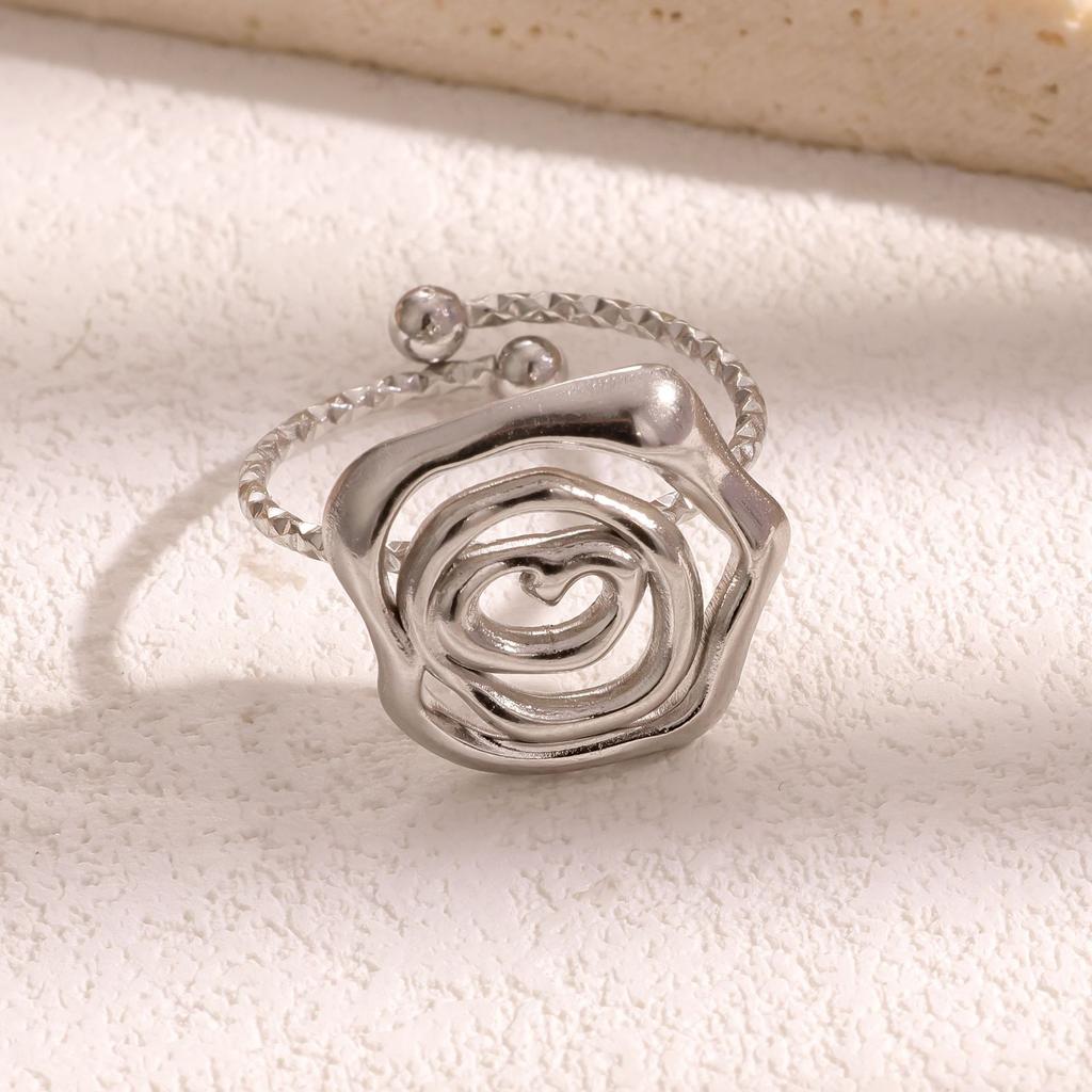 Stainless Steel Line Rings for Women Geometric Hollow Rose Adjustable Opening Rings Exquisite Fade-Resistant Party Zircon Gifts