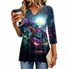 Women's Casual V-Neck Three-Quarter Sleeve Blouse with Halloween Print for Fall Parties