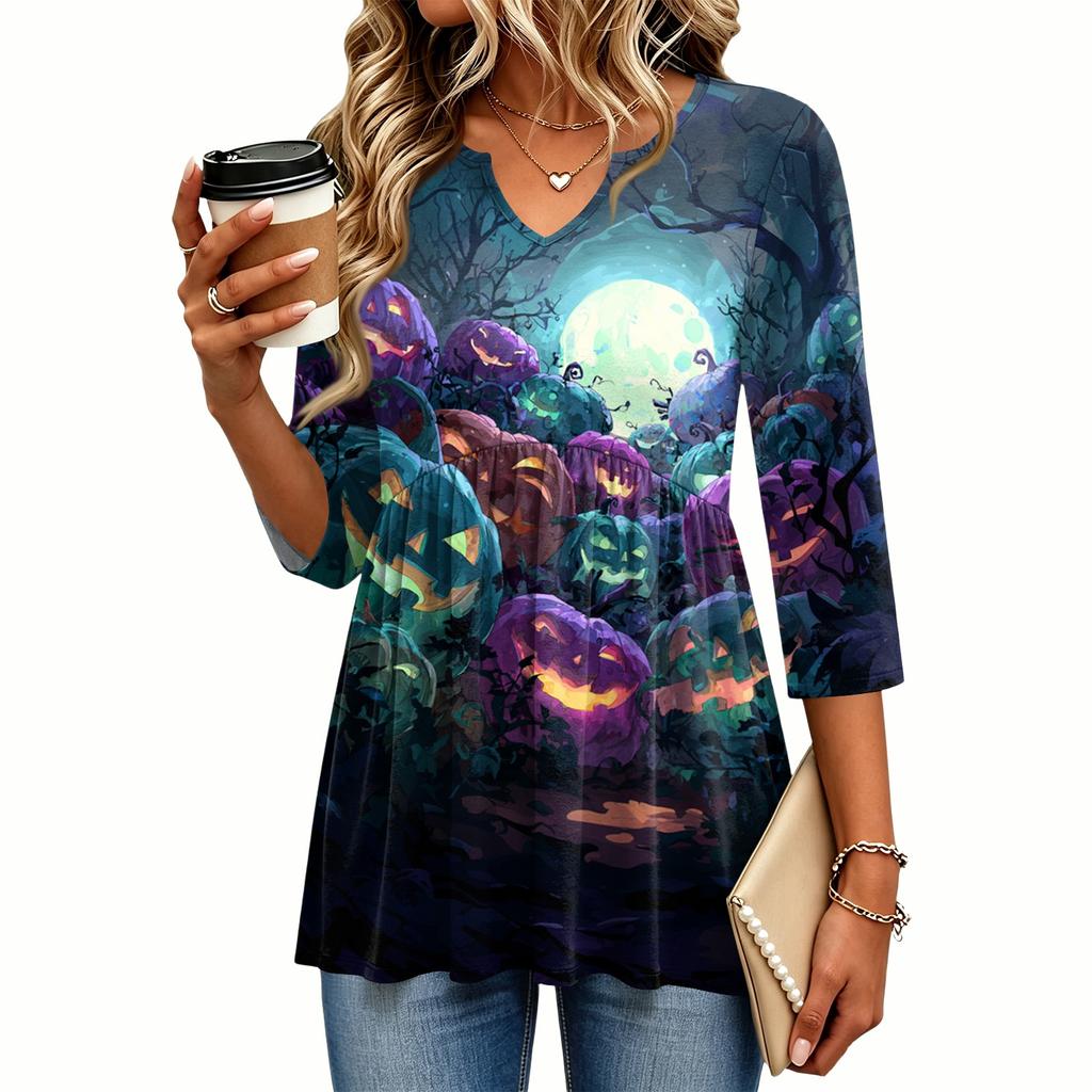 Women's Casual V-Neck Three-Quarter Sleeve Blouse with Halloween Print for Fall Parties