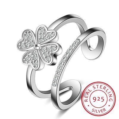 925 Sterling Silver Rings For Women Mosaic Cz Zirconia Lucky Four Leaf Clover Multi -Layer Resizable Rings Bague S -R193