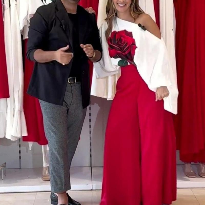 2024 Spring Women Rose Printed Blouse 2 Two Piece Set Outfits Loose High Waist Wide Leg Pants Casual Loose Oblique Shoulder Lantern Sleeve Tops 1010-8