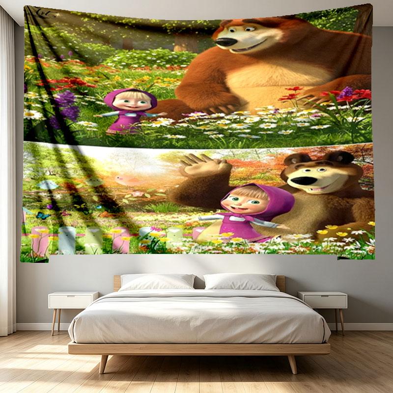 Masha and The Bear Print Tapestry - Portable Wall Decor Cloth, for Home, Dorm, Travel, Bedroom, Living Room - Ideal Birthday Housewarming Gift