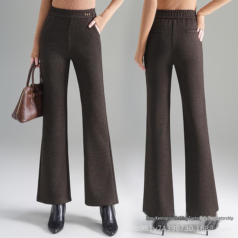 Women s Thickened Woolen Micro-Flare Pants, 2026 Autumn/Winter, High Waist, Loose Slimming Plus Velvet, Mom Style Flare Leg XXXL кофейный