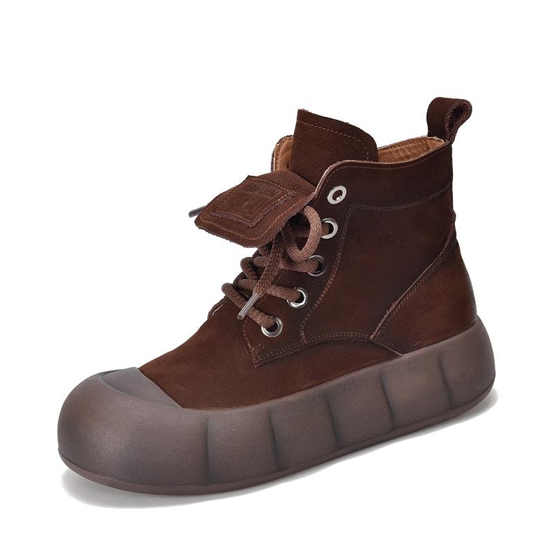 

Johnature Ретро Ботильоны из Натуральной Кожи на Плоской Подошве с Круглым Носком, Универсальные Женские Ботильоны на Шнуровке 39 кофейный