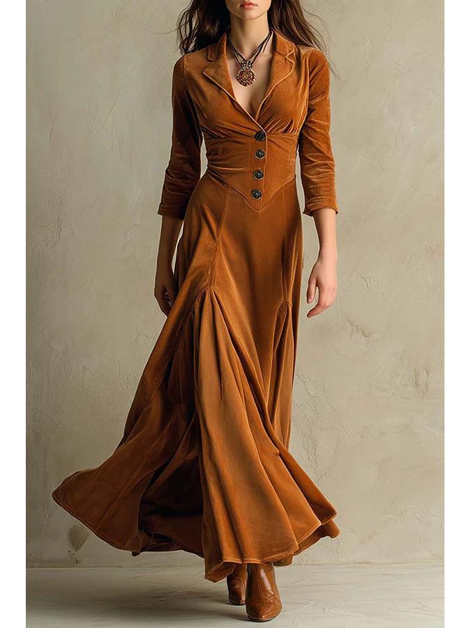 2025 Women's Solid Color Button-Up Lapel Dress with Cinched Waist and A-line Skirt, 3/4 Sleeves