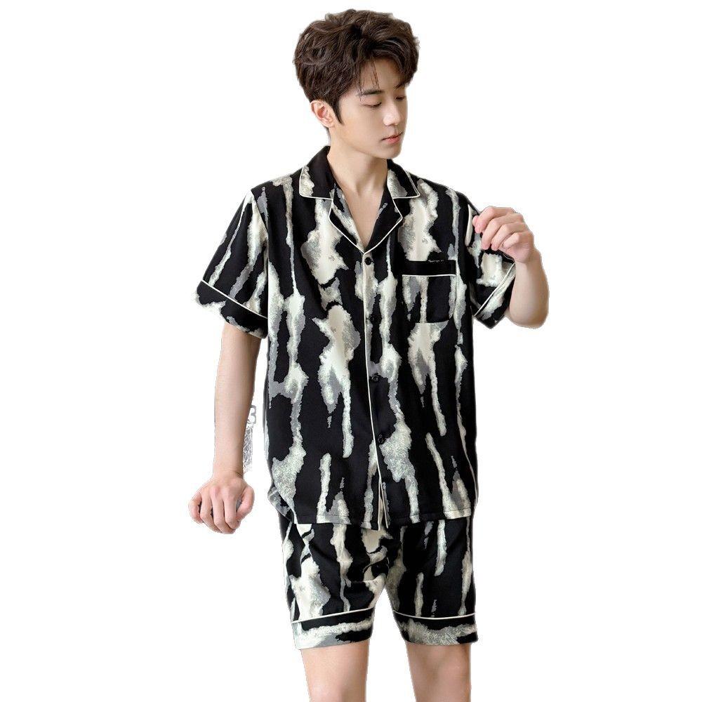 Pajamas Men's 1011 Spring and Summer New Short-sleeved Shorts Cardigan Set Ice Silk Printing High-end Loungewear