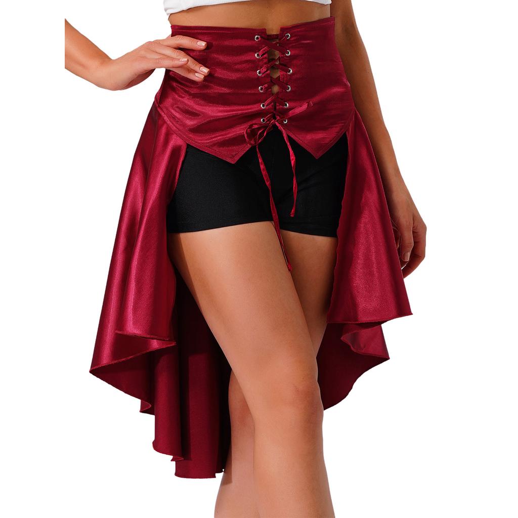 S-3XL Womens Gothic Steanpunk Satiny Skirt Front Eyelets Lace-up High-low Hem Tiered Ruffled Irregular Hem Skirt Waist Belt