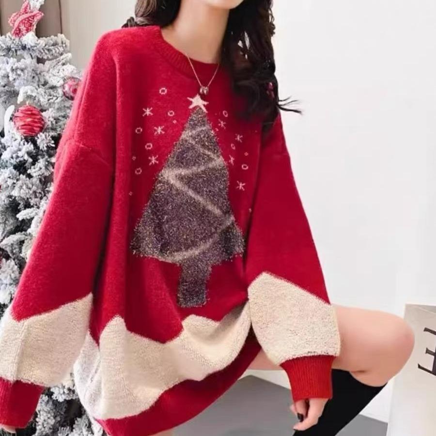Wishing Tree Christmas Sweater Women's Autumn and Winter New Crew Neck Sweater Pullover Foreign Style Loose and Skinny Knitted Sweater Women