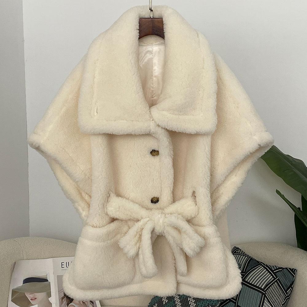 

OFTBUY Зимняя женская жилетка, куртка из натурального меха ягненка, кашемира, шерсти, с поясом, отложной воротник, теплая плюшевая куртка с толстым карманом, элегантная повседневная L бежевый