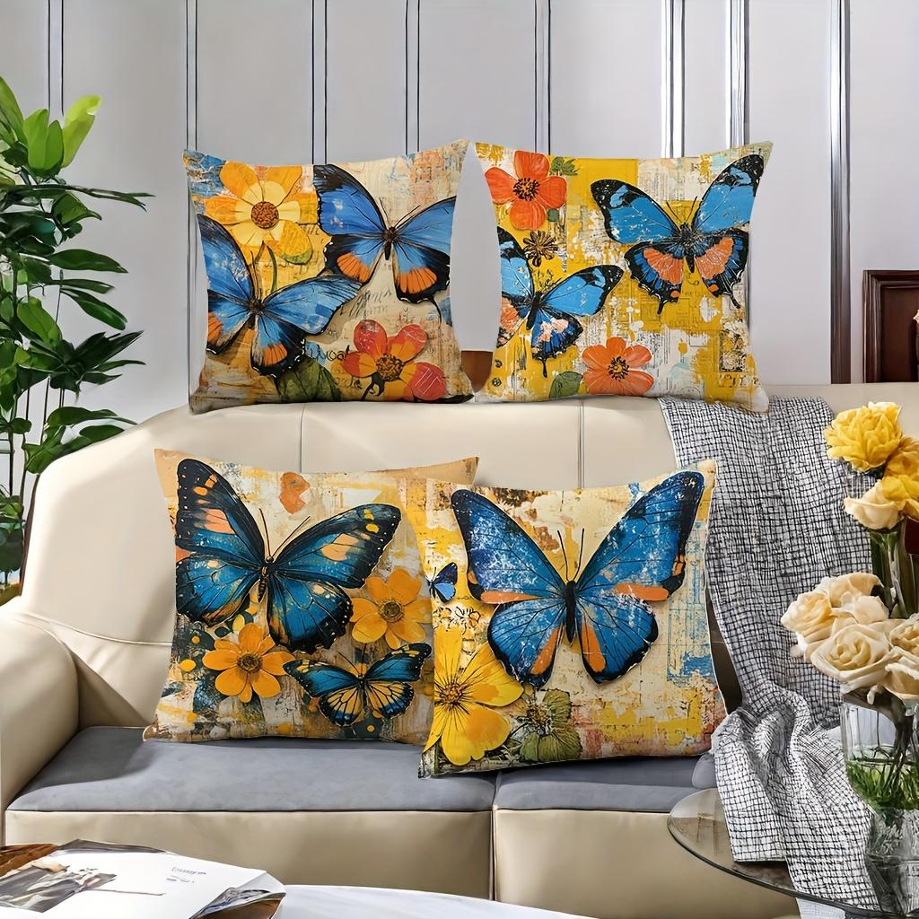 Vintage Blue Butterfly Pillow Covers, Floral Ephemera Art Decorative Throw Pillow Cases, Boho Nature Home Decor Cushion Covers
