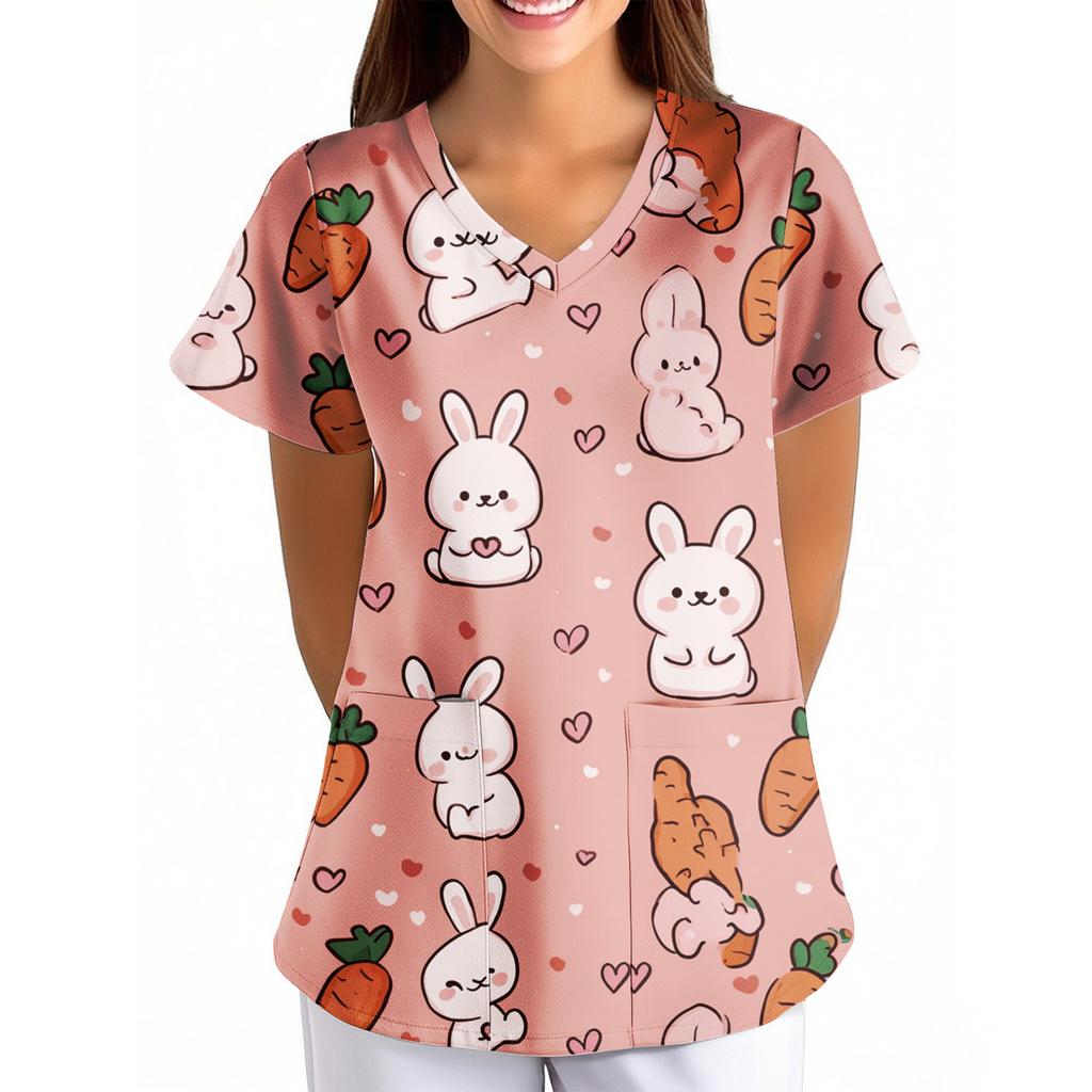 Damen Ostermuster Lockerer V-Ausschnitt Tasche Kurzarm Pflegekraft/ Uniform
