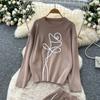 Autumn Winter Women Casual Knitted Sweater Trouser Two Piece Set Full Sleeve Flower Pullover Tops and Wide Leg Pant Tracksuit