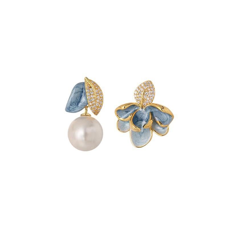 2025 Exquisite Asymmetric Crystal Leaf Stud Earrings for Women Girls Elegant Blue Drip Oil Pearl Earrings Fashion Jewelry Gifts