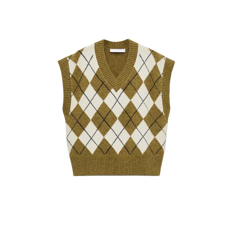 Spring New Women's Clothing Preppy Style Diamond Pattern Jacquard V-neck Sleeveless Vest Style Knitwear 5755008