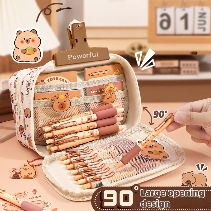 24Pcs capybara canvas pencil case, with doll & stickers, large layered school stationery pouch