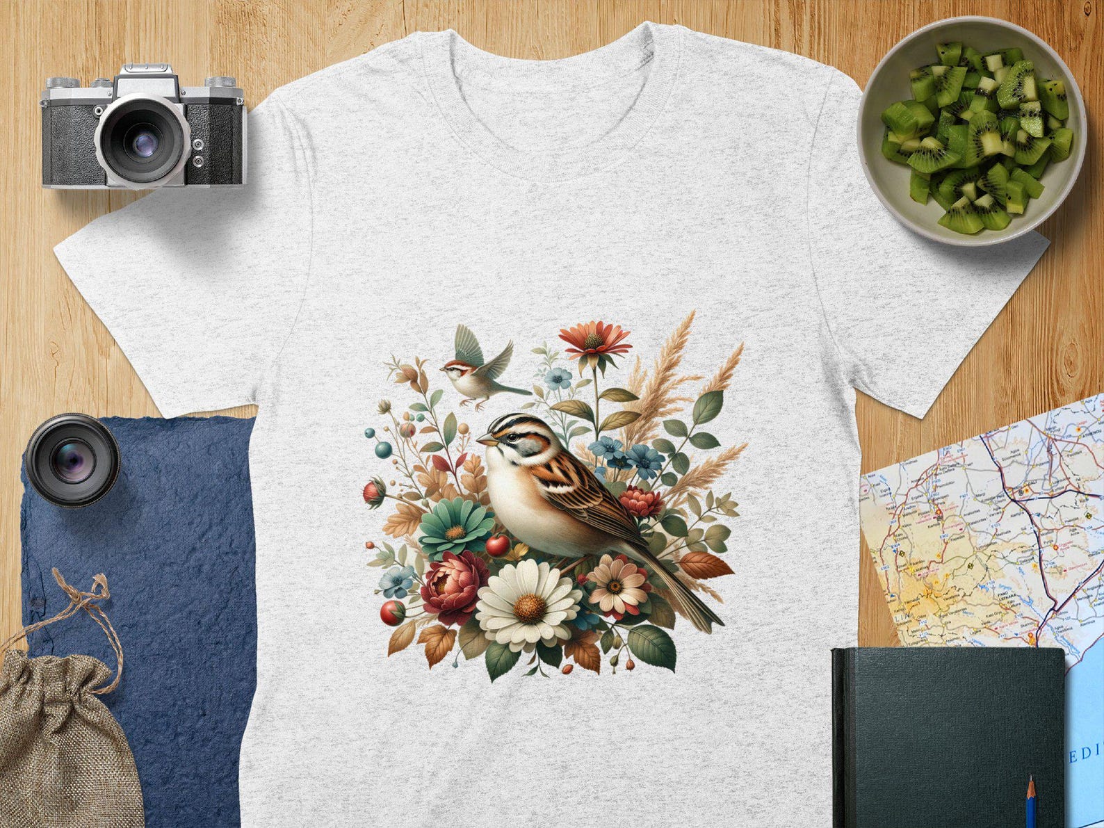 White-throated Sparrow Bird Lover T-Shirt, Winter Floral Tee, Bird Watcher Clothing, Nature Inspired, Bird Print Top, Botanical Design Shirt L