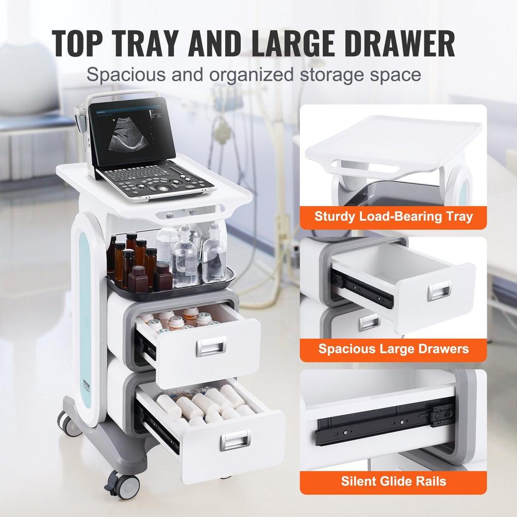 3 Tiers Lab Carts Mobile Medical Cart with 2 Drawers & 1 Top Tray White