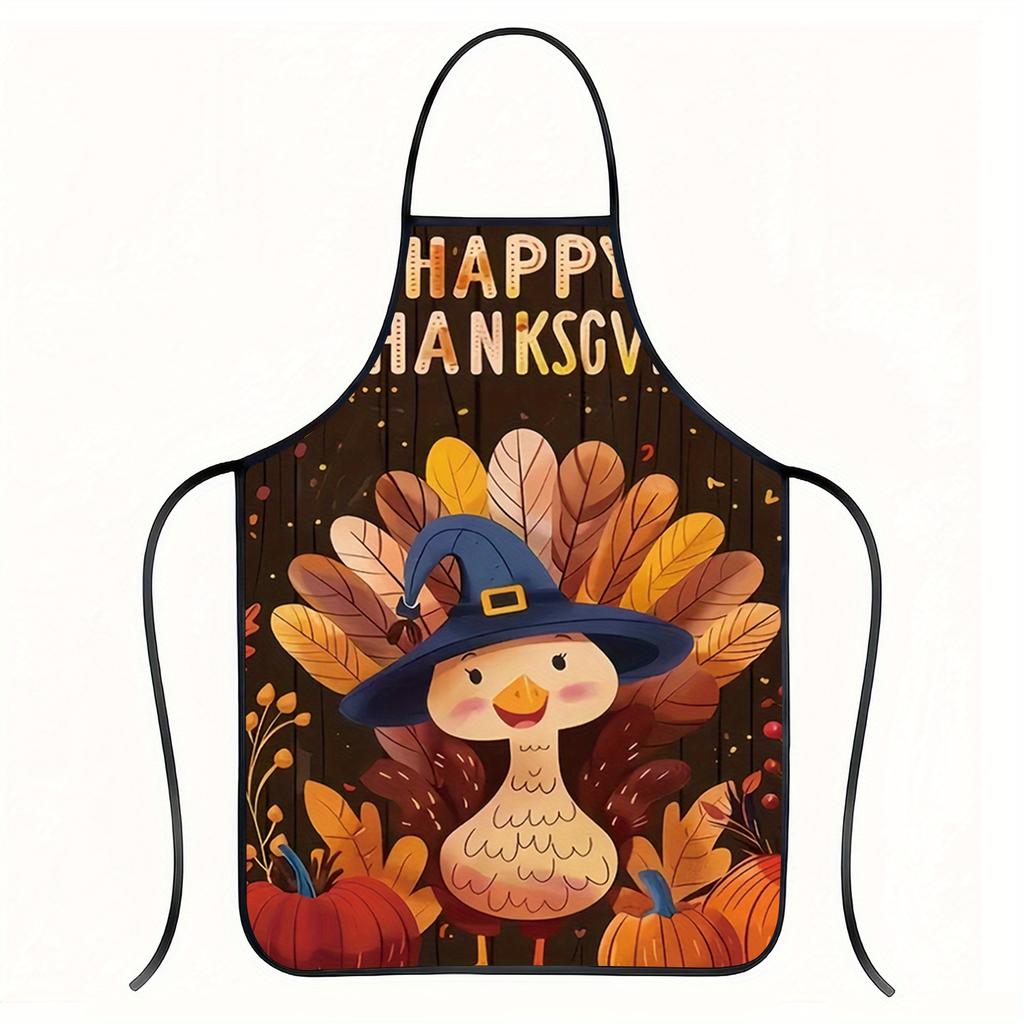 Thanksgiving Turkey Apron Orange & Brown Cartoon Turkey Witch with Autumn Leaves & Pumpkins Design, "Happy Thanksgiving"