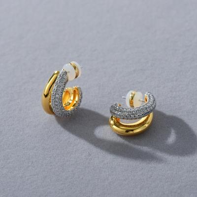 Boucles d'oreilles Studs Personnalité Unique Luxe Léger Plaqué Cuivre Or Véritable 18K Incrusté de Zirconium Aiguille en Argent S925 Boucles d'oreilles Mode Double Anneau